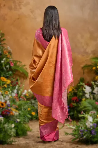 Orange weaving paper silk blend saree with matching paper silk blend blouse