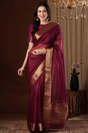 wine color girlie organza fabric woven jacquard designer saree