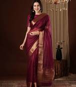 wine color girlie organza fabric woven jacquard designer saree