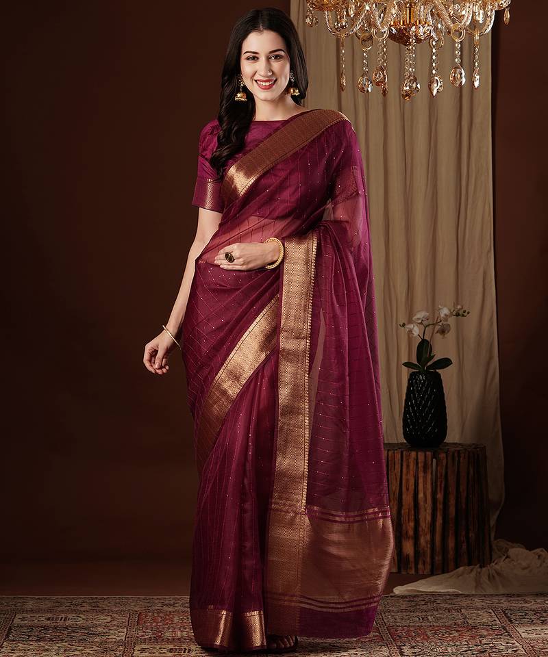 wine color girlie organza fabric woven jacquard designer saree