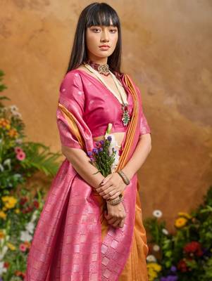Orange weaving paper silk blend saree with matching paper silk blend blouse 3