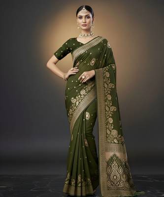 green ethnic crepe silk blend woven jacquard ceremonial saree 1