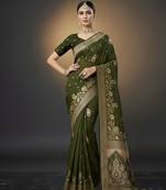 green color ethnic crepe silk blend fabric woven jacquard designer ceremonial saree