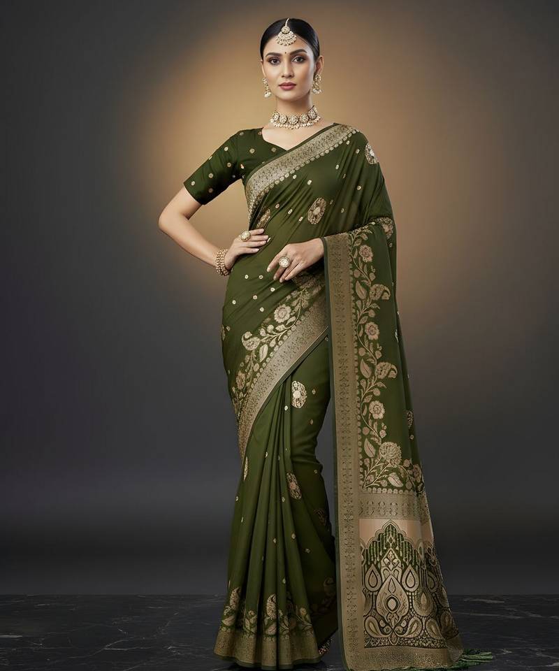 green color ethnic crepe silk blend fabric woven jacquard designer ceremonial saree