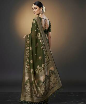 green ethnic crepe silk blend woven jacquard ceremonial saree 2