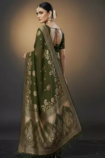 green ethnic crepe silk blend woven jacquard ceremonial saree