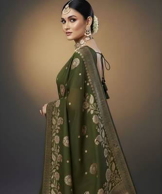 green ethnic crepe silk blend woven jacquard ceremonial saree 3