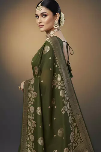 green ethnic crepe silk blend woven jacquard ceremonial saree