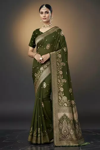 green ethnic crepe silk blend woven jacquard ceremonial saree