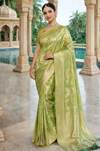 olive color ethnic crepe silk blend fabric woven jacquard designer ceremonial saree