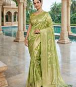 olive color ethnic crepe silk blend fabric woven jacquard designer ceremonial saree
