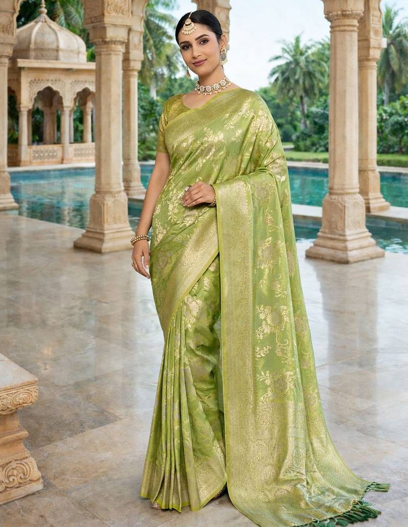olive color ethnic crepe silk blend fabric woven jacquard designer ceremonial saree