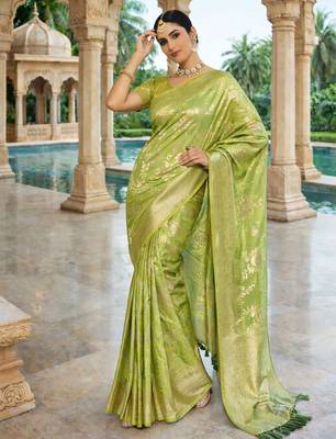 olive ethnic crepe silk blend woven jacquard ceremonial saree 4