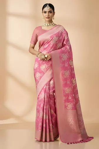 pink color ethnic crepe silk blend fabric woven jacquard designer ceremonial saree