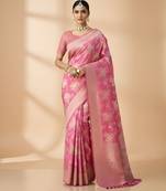 pink color ethnic crepe silk blend fabric woven jacquard designer ceremonial saree