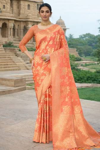 peach color ethnic crepe silk blend fabric woven jacquard designer ceremonial saree