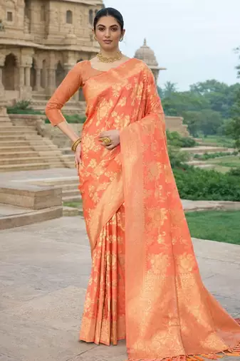 peach color ethnic crepe silk blend fabric woven jacquard designer ceremonial saree