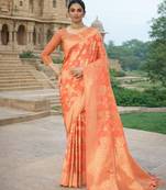 peach color ethnic crepe silk blend fabric woven jacquard designer ceremonial saree