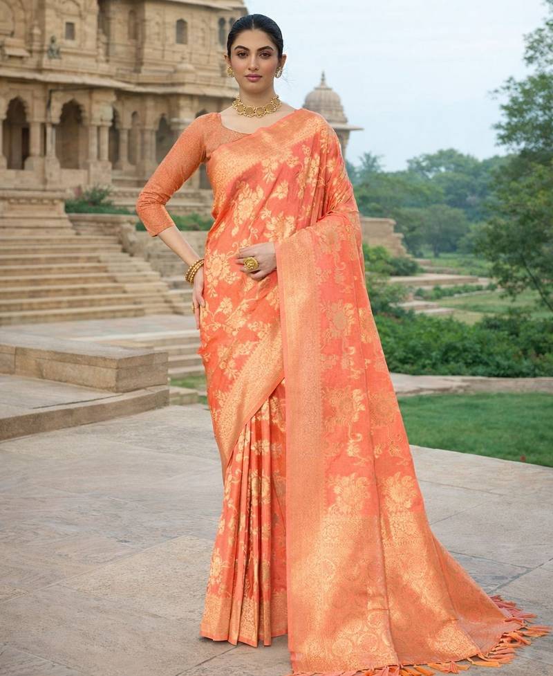 peach color ethnic crepe silk blend fabric woven jacquard designer ceremonial saree