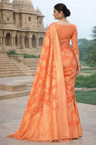 peach ethnic crepe silk blend woven jacquard ceremonial saree