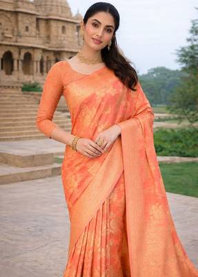 peach ethnic crepe silk blend woven jacquard ceremonial saree 3