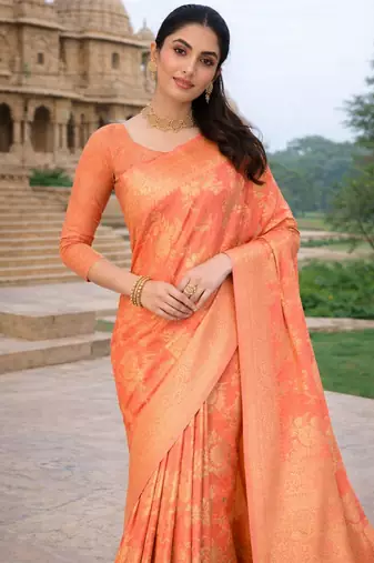 peach ethnic crepe silk blend woven jacquard ceremonial saree