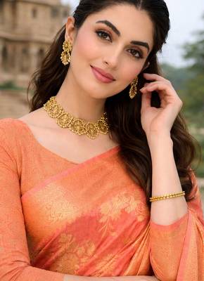 peach ethnic crepe silk blend woven jacquard ceremonial saree 4