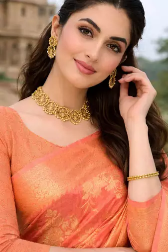 peach ethnic crepe silk blend woven jacquard ceremonial saree