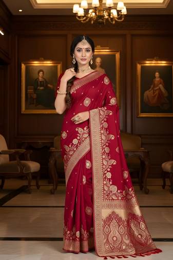 red color ethnic crepe silk blend fabric woven jacquard designer ceremonial saree