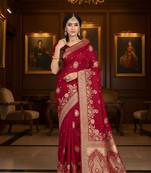 red color ethnic crepe silk blend fabric woven jacquard designer ceremonial saree