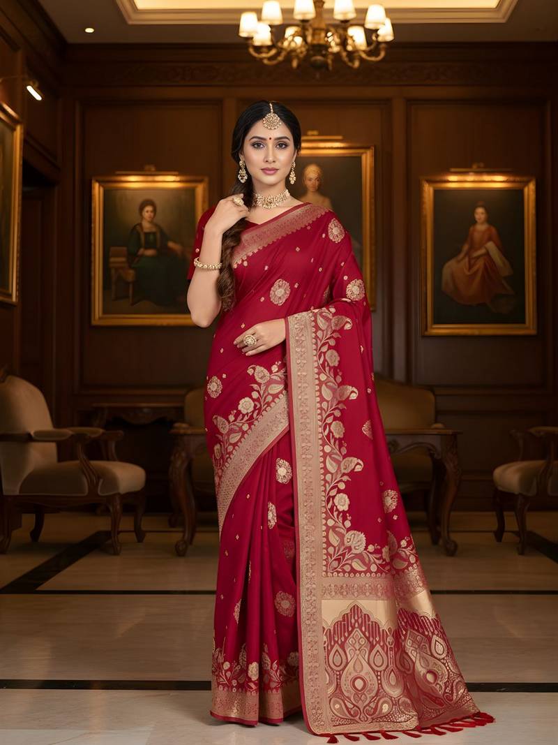 red color ethnic crepe silk blend fabric woven jacquard designer ceremonial saree