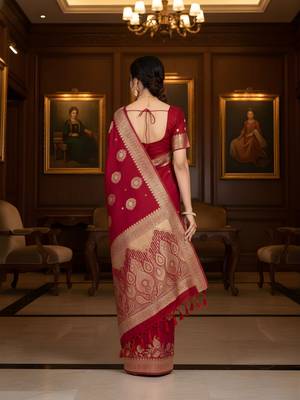 red ethnic crepe silk blend woven jacquard ceremonial saree 2