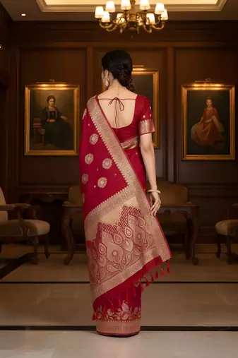 red ethnic crepe silk blend woven jacquard ceremonial saree