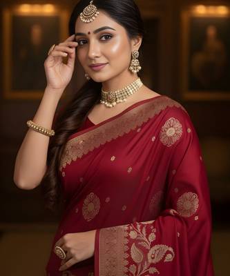 red ethnic crepe silk blend woven jacquard ceremonial saree 3