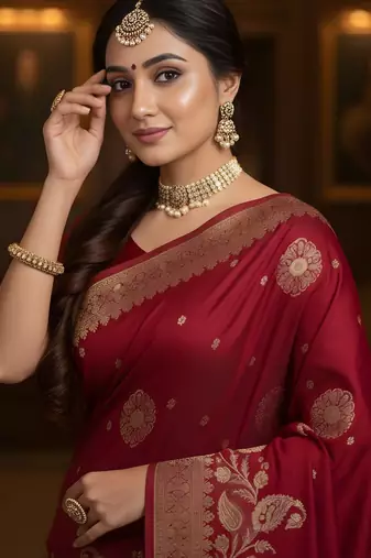 red ethnic crepe silk blend woven jacquard ceremonial saree