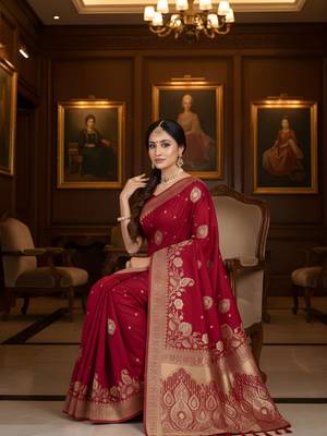 red ethnic crepe silk blend woven jacquard ceremonial saree 4