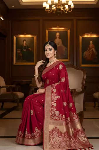 red ethnic crepe silk blend woven jacquard ceremonial saree