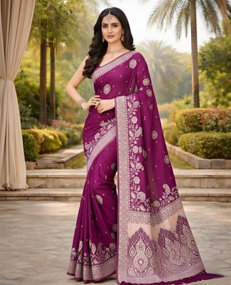 wine ethnic crepe silk blend woven jacquard ceremonial saree 1