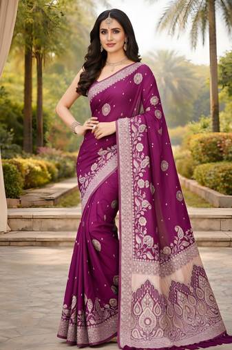 wine color ethnic crepe silk blend fabric woven jacquard designer ceremonial saree