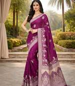 wine color ethnic crepe silk blend fabric woven jacquard designer ceremonial saree
