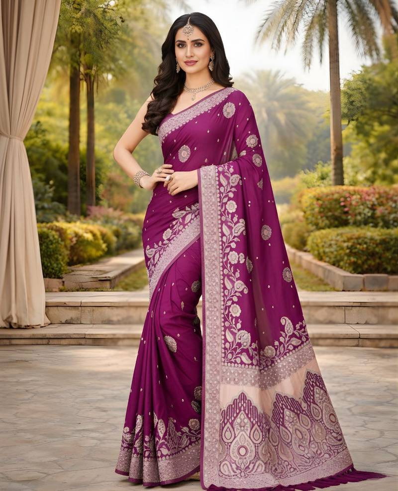 wine color ethnic crepe silk blend fabric woven jacquard designer ceremonial saree