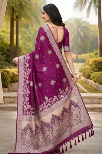 wine ethnic crepe silk blend woven jacquard ceremonial saree