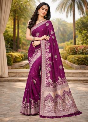 wine ethnic crepe silk blend woven jacquard ceremonial saree 4