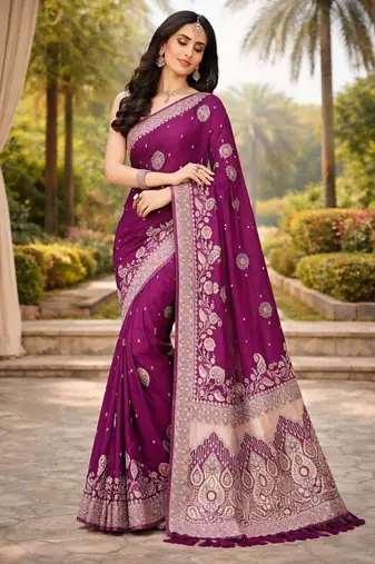 wine ethnic crepe silk blend woven jacquard ceremonial saree