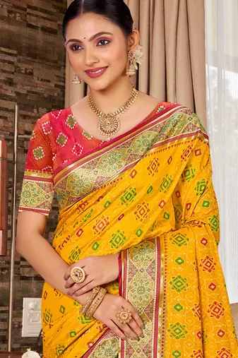 yellow ethnic patola silk blend festive saree