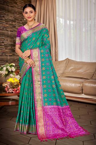 rama color ethnic patola silk blend fabric beautiful festive saree