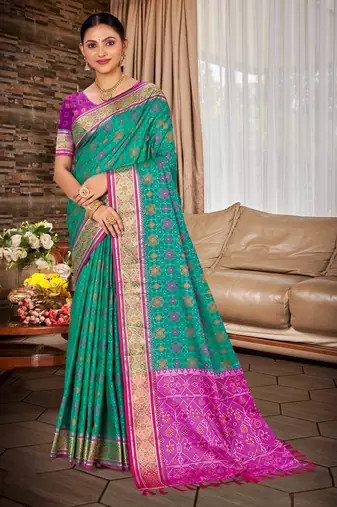 rama color ethnic patola silk blend fabric beautiful festive saree