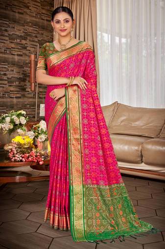 pink color ethnic patola silk blend fabric beautiful festive saree