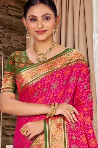 pink ethnic patola silk blend festive saree