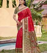 red color pochampalli silk blend fabric ethnic woven designer partywear saree